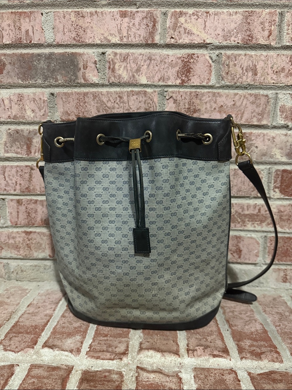 Vintage Gucci Gray & Navy GG Canvas Drawstring Bucket Bag